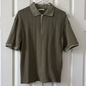 Zara Olive Textured Knit Polo Shirt